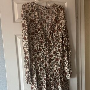 H&M Floral Long Sleeve Mini Dress - Cream and Brown